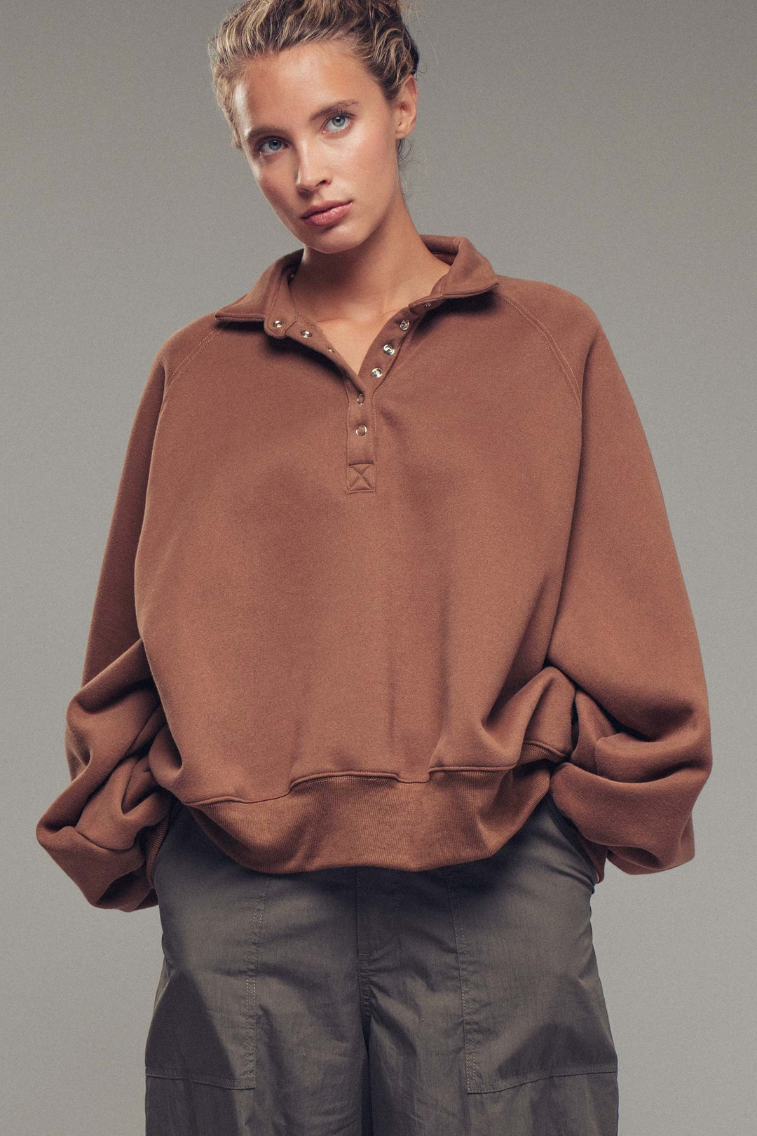 vintage washed oversized snap collar pullover top - brown (additional view)