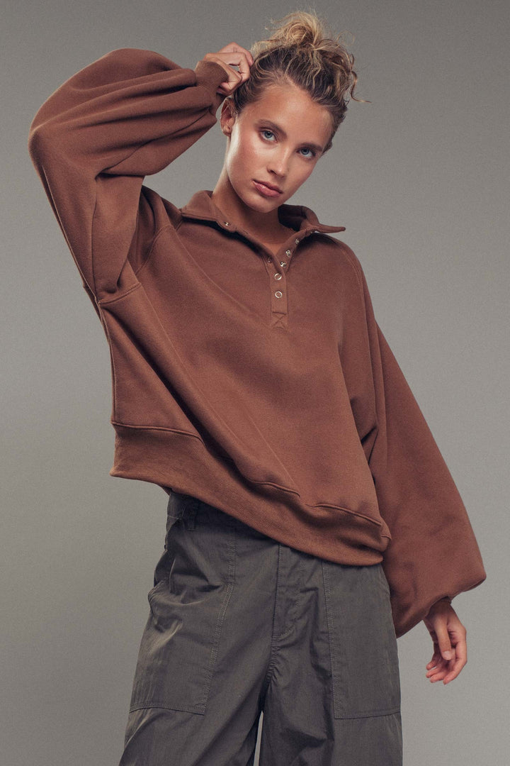 vintage washed oversized snap collar pullover top - brown (additional view)