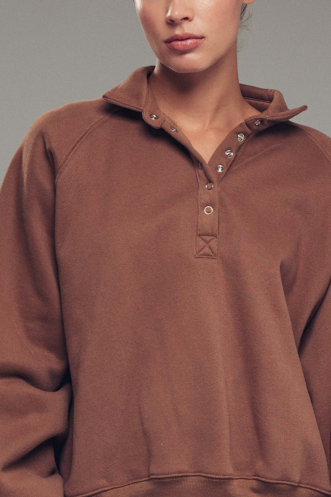 vintage washed oversized snap collar pullover top - brown (additional view)