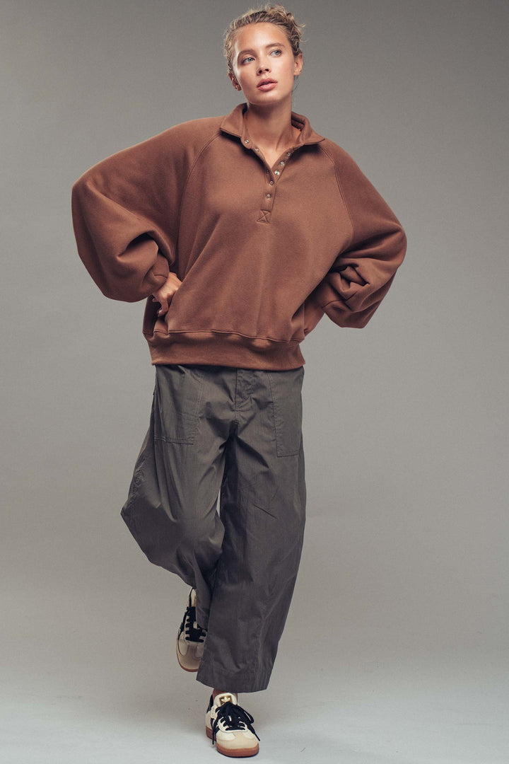 vintage washed oversized snap collar pullover top - brown (additional view)