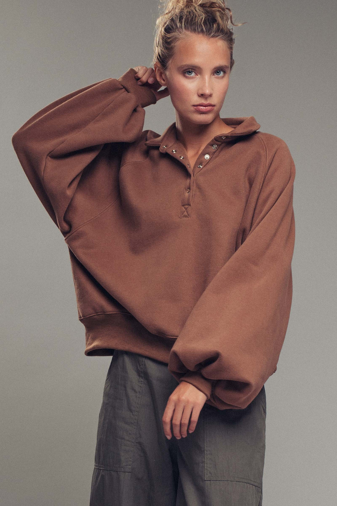 vintage washed oversized snap collar pullover top - brown (additional view)