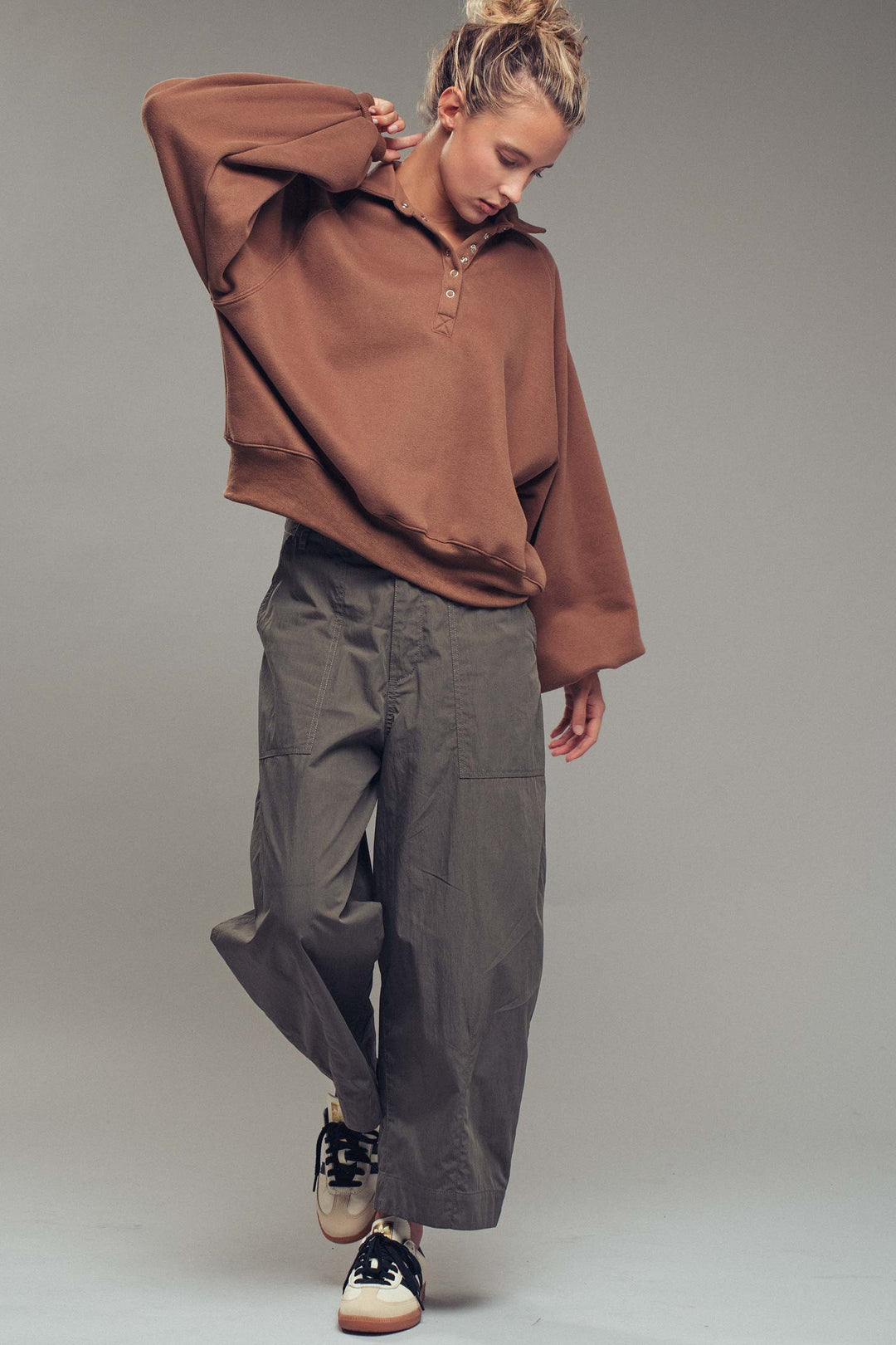 vintage washed oversized snap collar pullover top - brown (additional view)