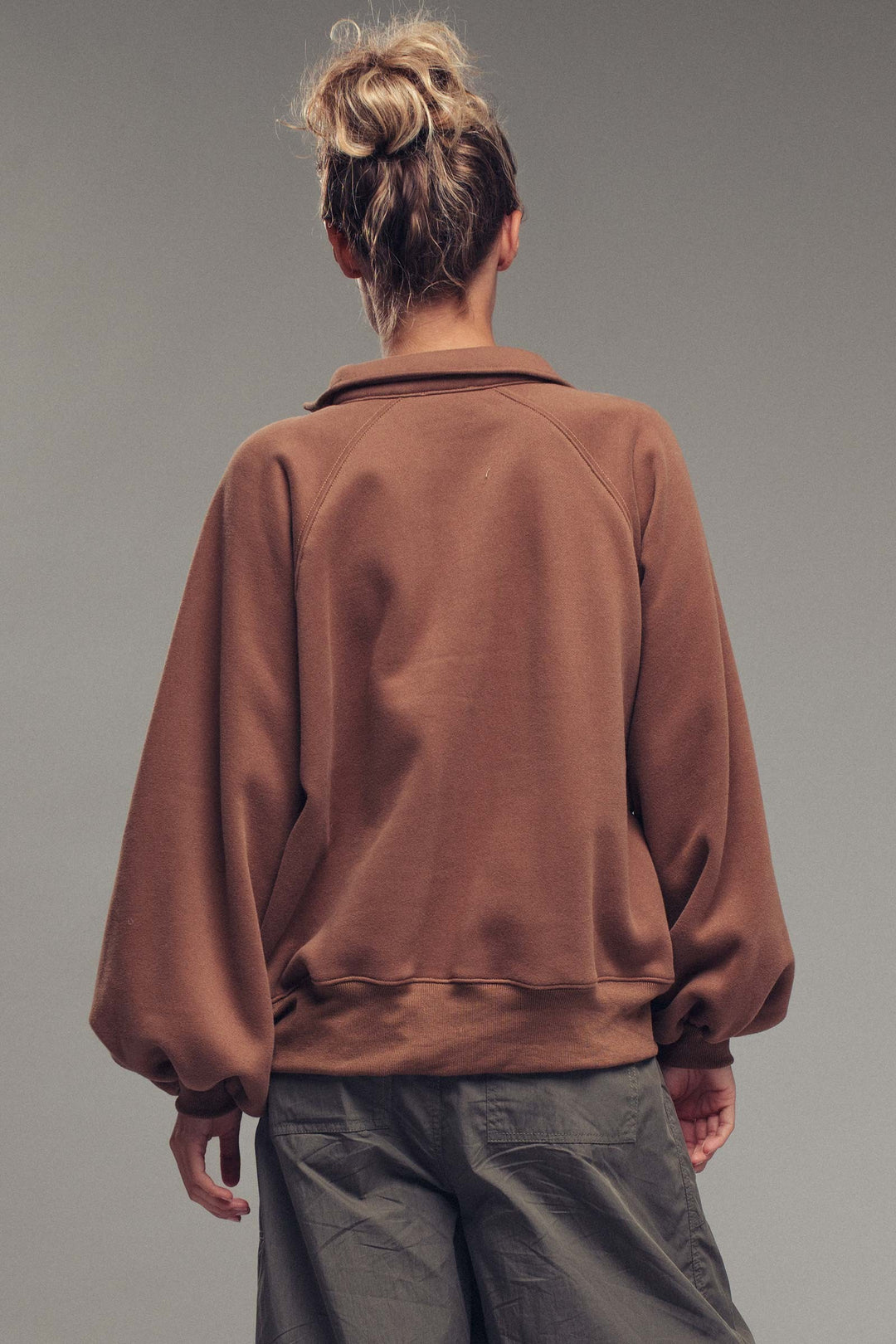 vintage washed oversized snap collar pullover top - brown (additional view)