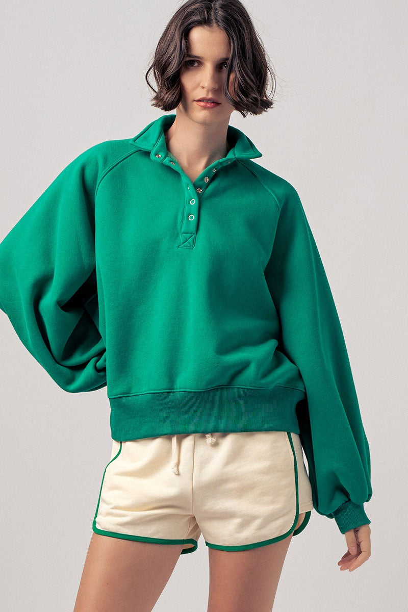 vintage washed oversized snap collar pullover top - green (additional view)