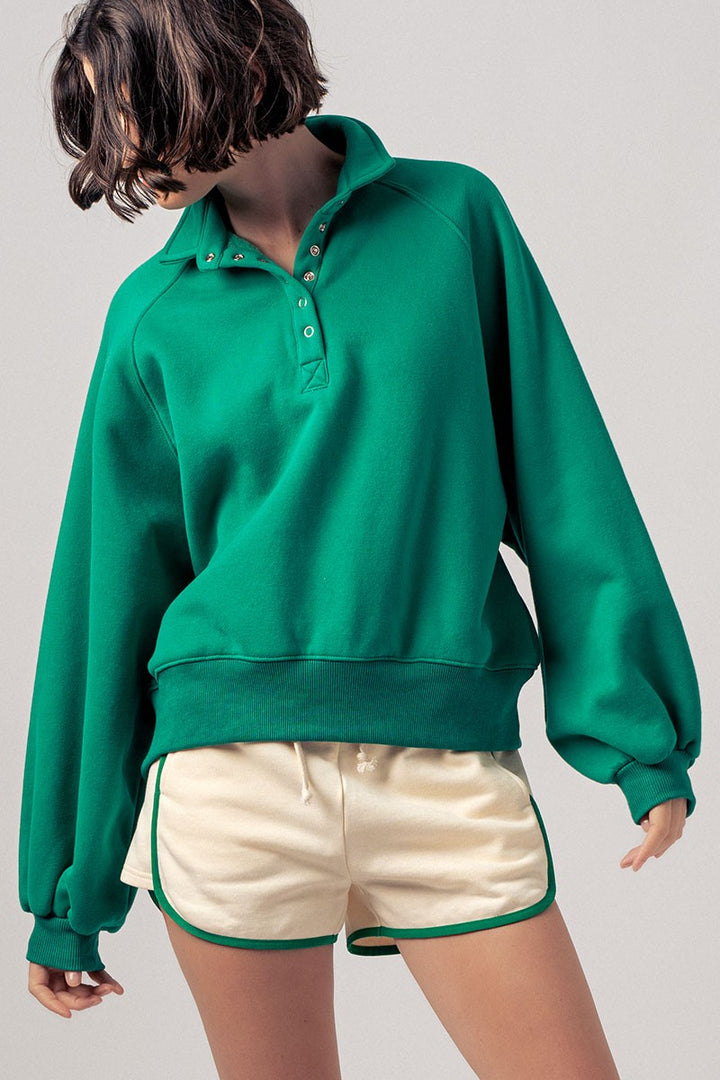 vintage washed oversized snap collar pullover top - green (additional view)