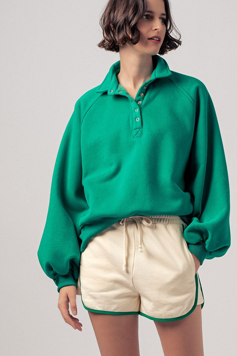vintage washed oversized snap collar pullover top - green (additional view)