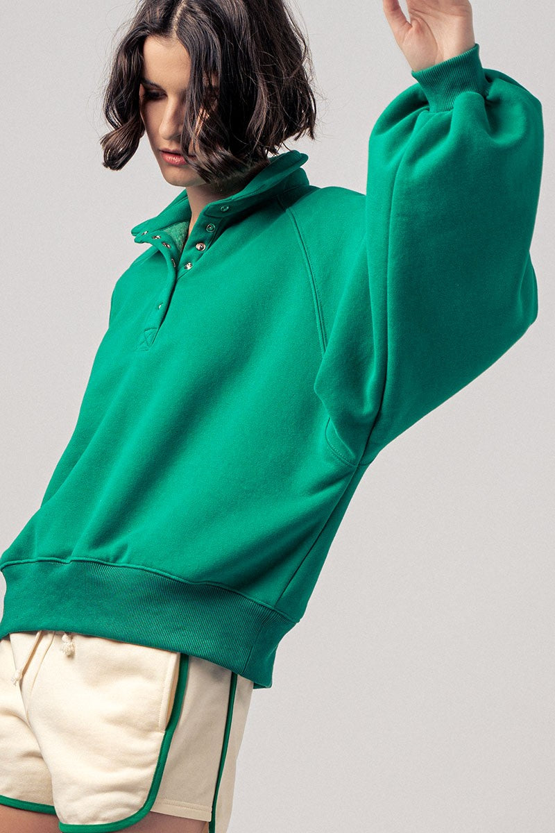 vintage washed oversized snap collar pullover top - green (additional view)