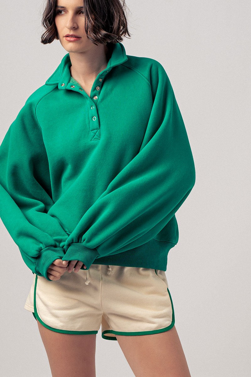 vintage washed oversized snap collar pullover top - green (additional view)