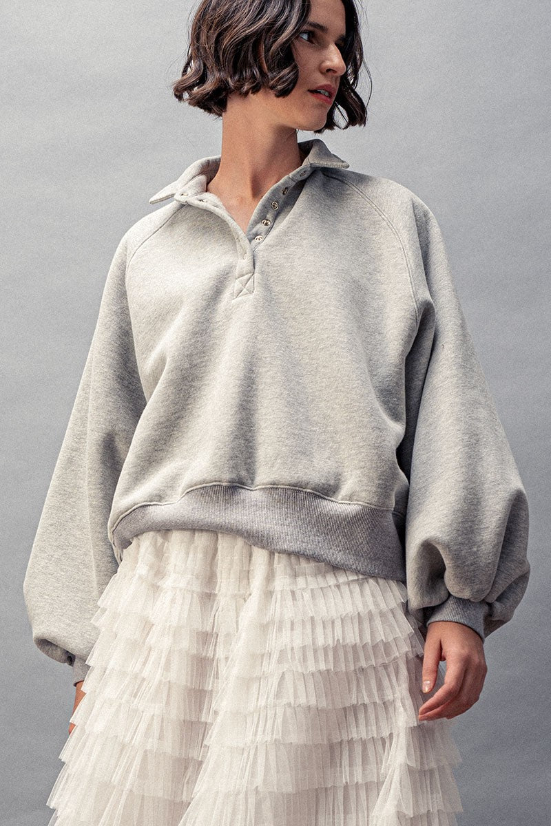 vintage washed oversized snap collar pullover top - h grey (additional view)