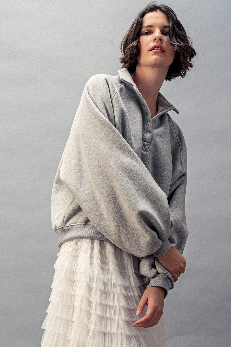 vintage washed oversized snap collar pullover top - h grey (additional view)