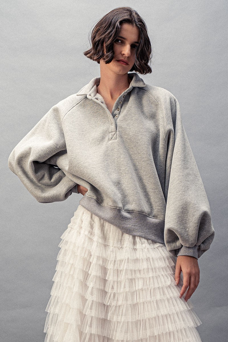 vintage washed oversized snap collar pullover top - h grey (additional view)