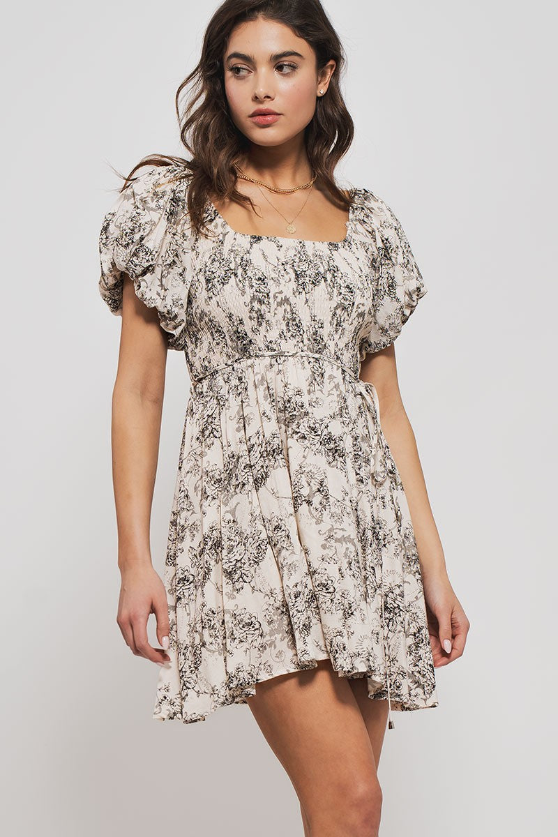 Floral Puff Sleeve Mini Dress with Square Neckline