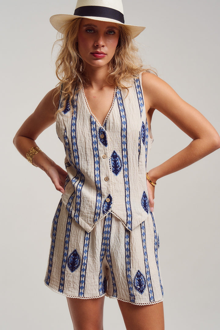 malta stripe embroidered camp vest shirt - cream blue (additional view)