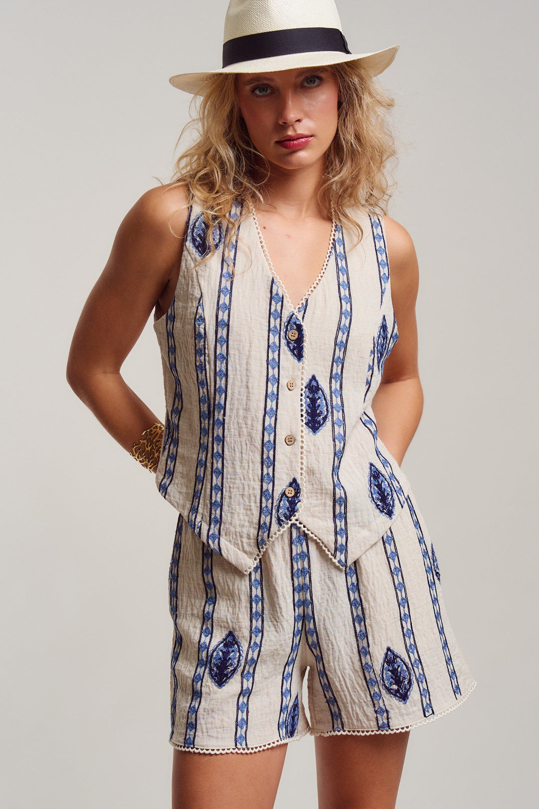 malta stripe embroidered camp vest shirt - cream blue (additional view)
