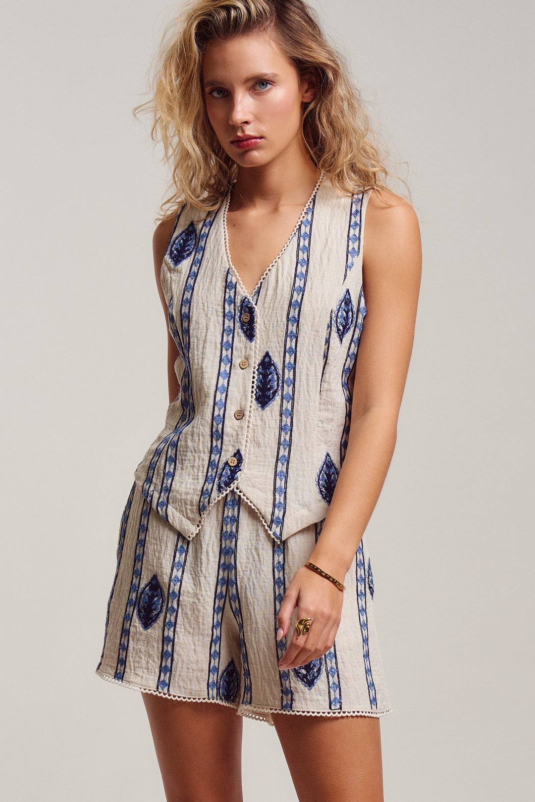 malta stripe embroidered camp vest shirt - cream blue (additional view)