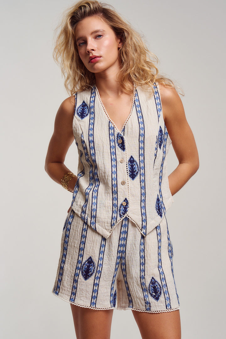 malta stripe embroidered camp vest shirt - cream blue (additional view)