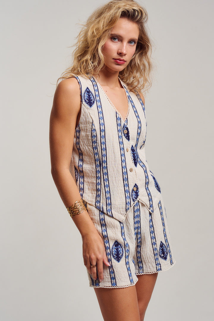malta stripe embroidered camp vest shirt - cream blue (additional view)