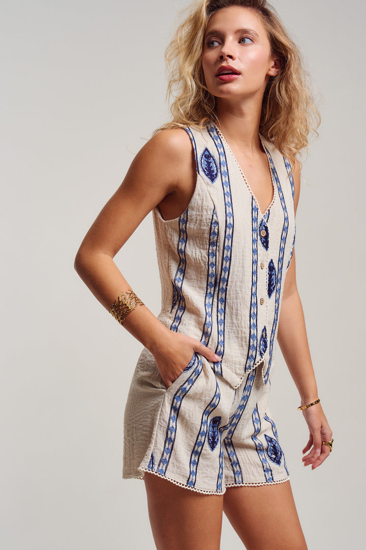 malta stripe embroidered camp vest shirt - cream blue (additional view)