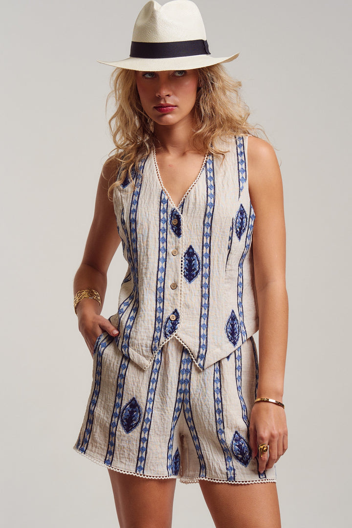 malta stripe embroidered camp vest shirt - cream blue (additional view)