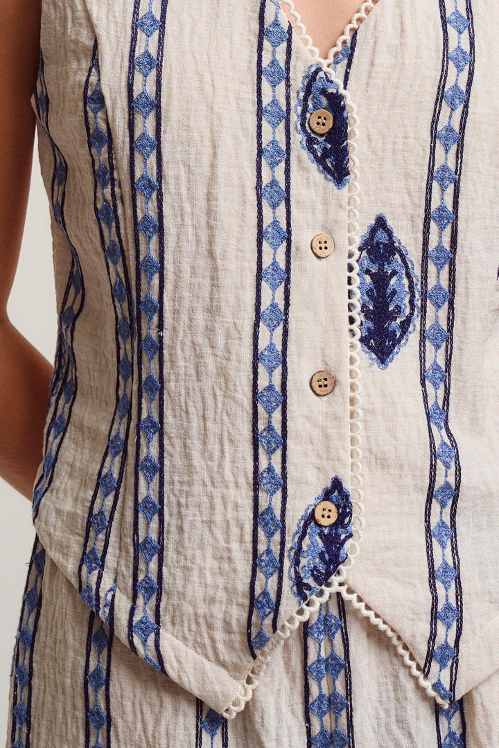 malta stripe embroidered camp vest shirt - cream blue (additional view)