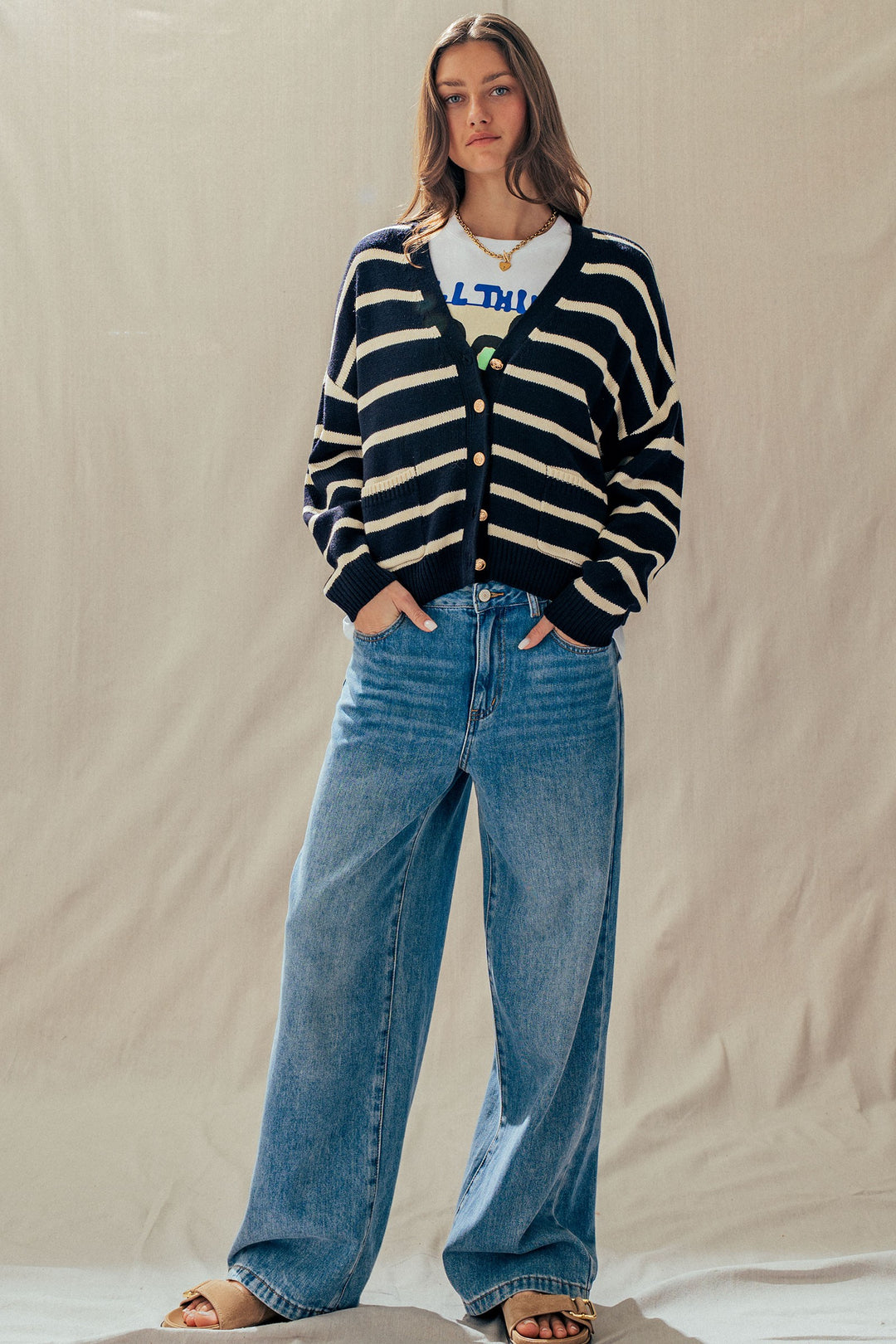 1 striped boho casual tops cardigan sweater - navyivory