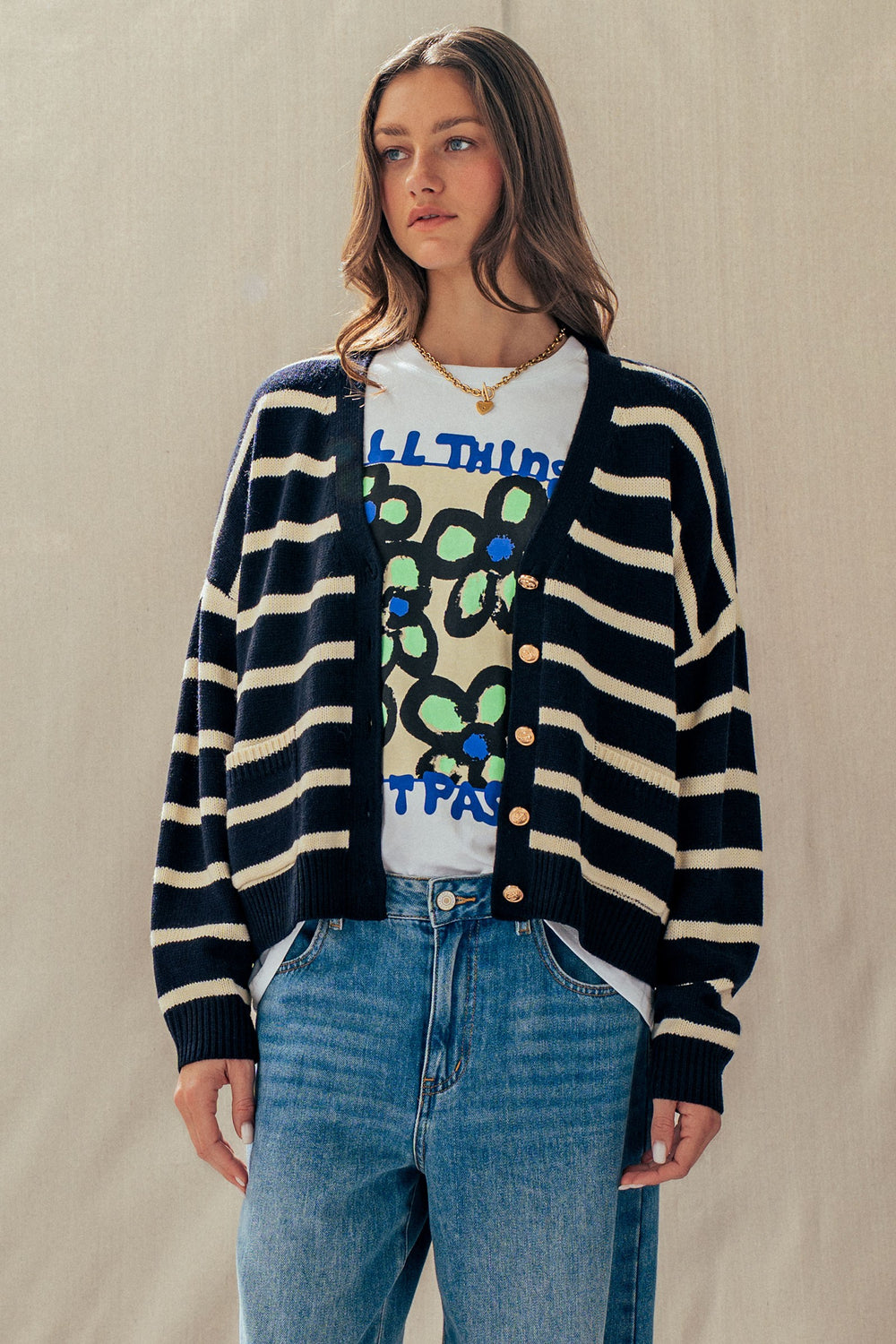 1 striped boho casual tops cardigan sweater - navyivory (additional view)