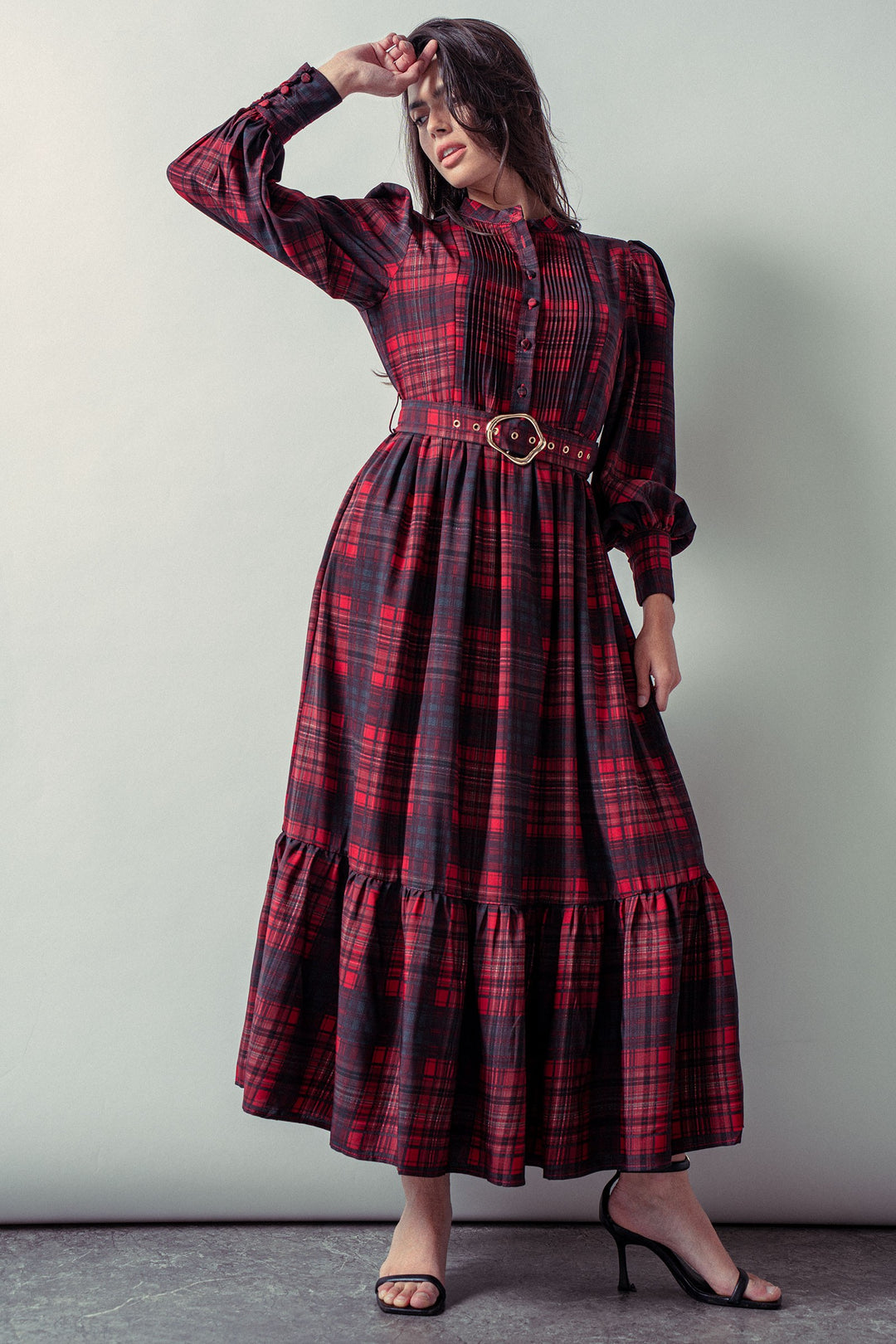 plaid long sleeve maxi dress with belted waist - red