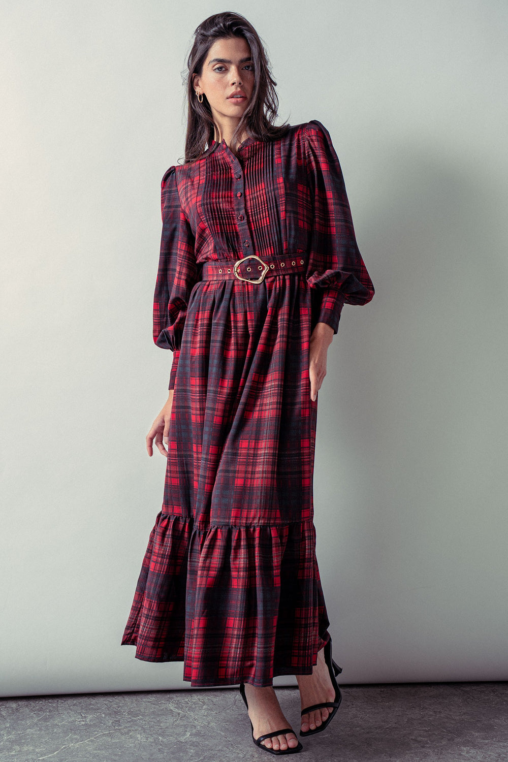 plaid long sleeve maxi dress with belted waist - red (additional view)