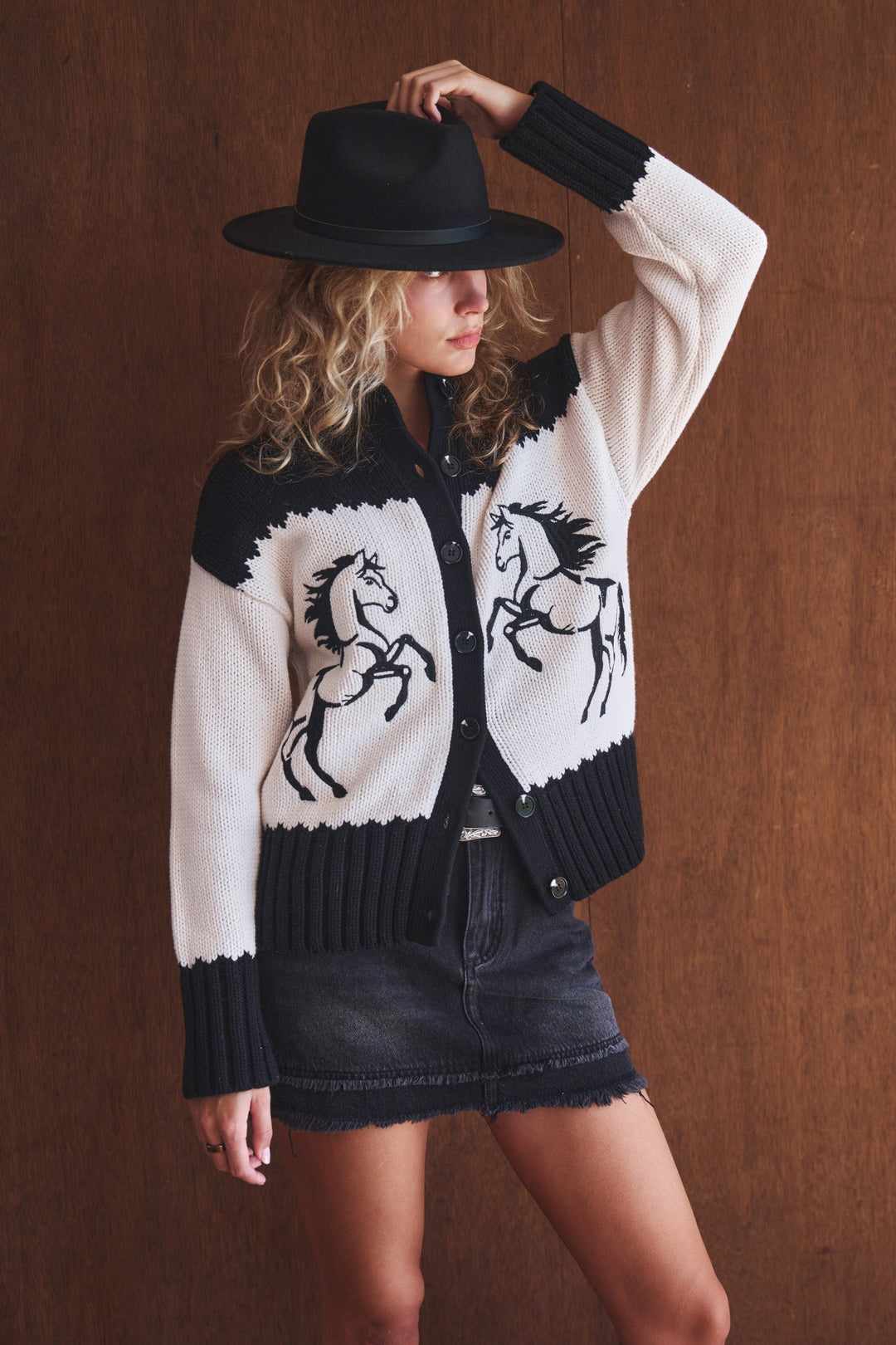 rodeo wild horses western cardigan - ivory black (additional view)