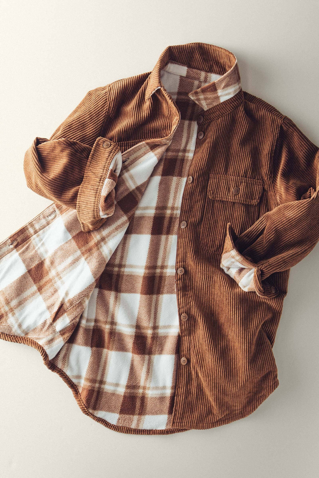 Corduroy and Plaid Flannel Shacket w/Chest Pockets | wholesale outerwear | Trend Notes