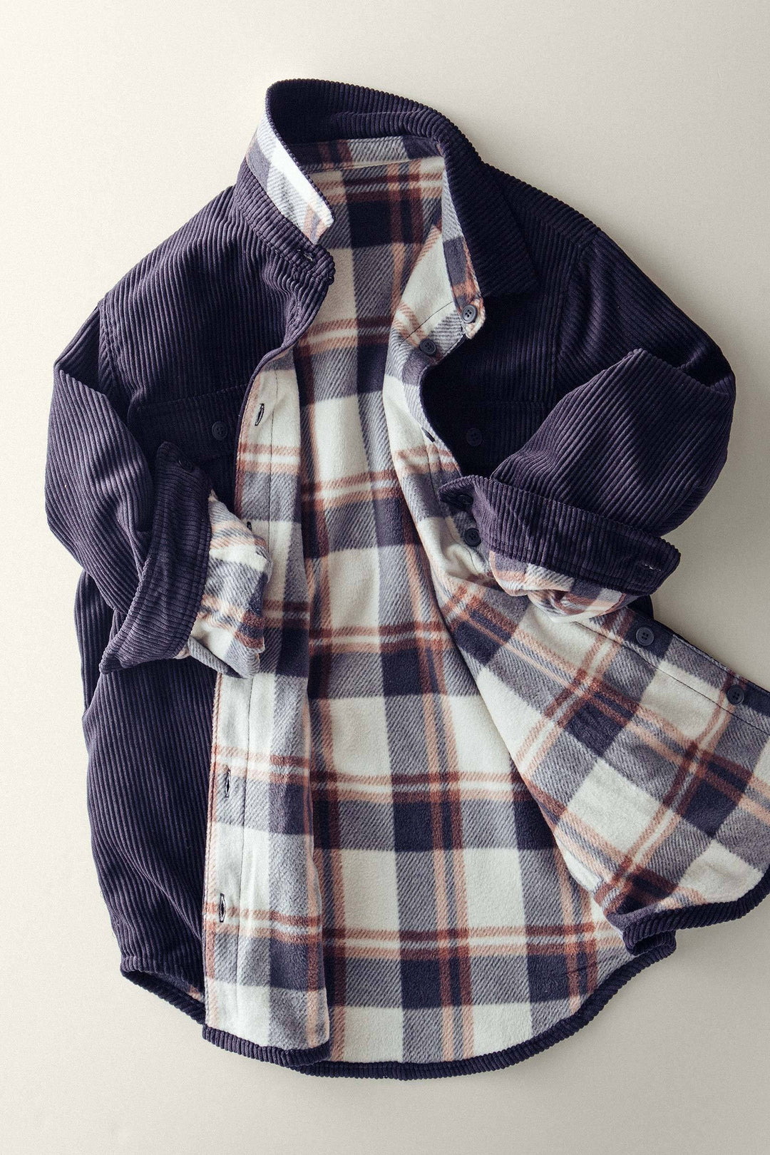 Corduroy and Plaid Flannel Shacket w/Chest Pockets | wholesale outerwear | Trend Notes
