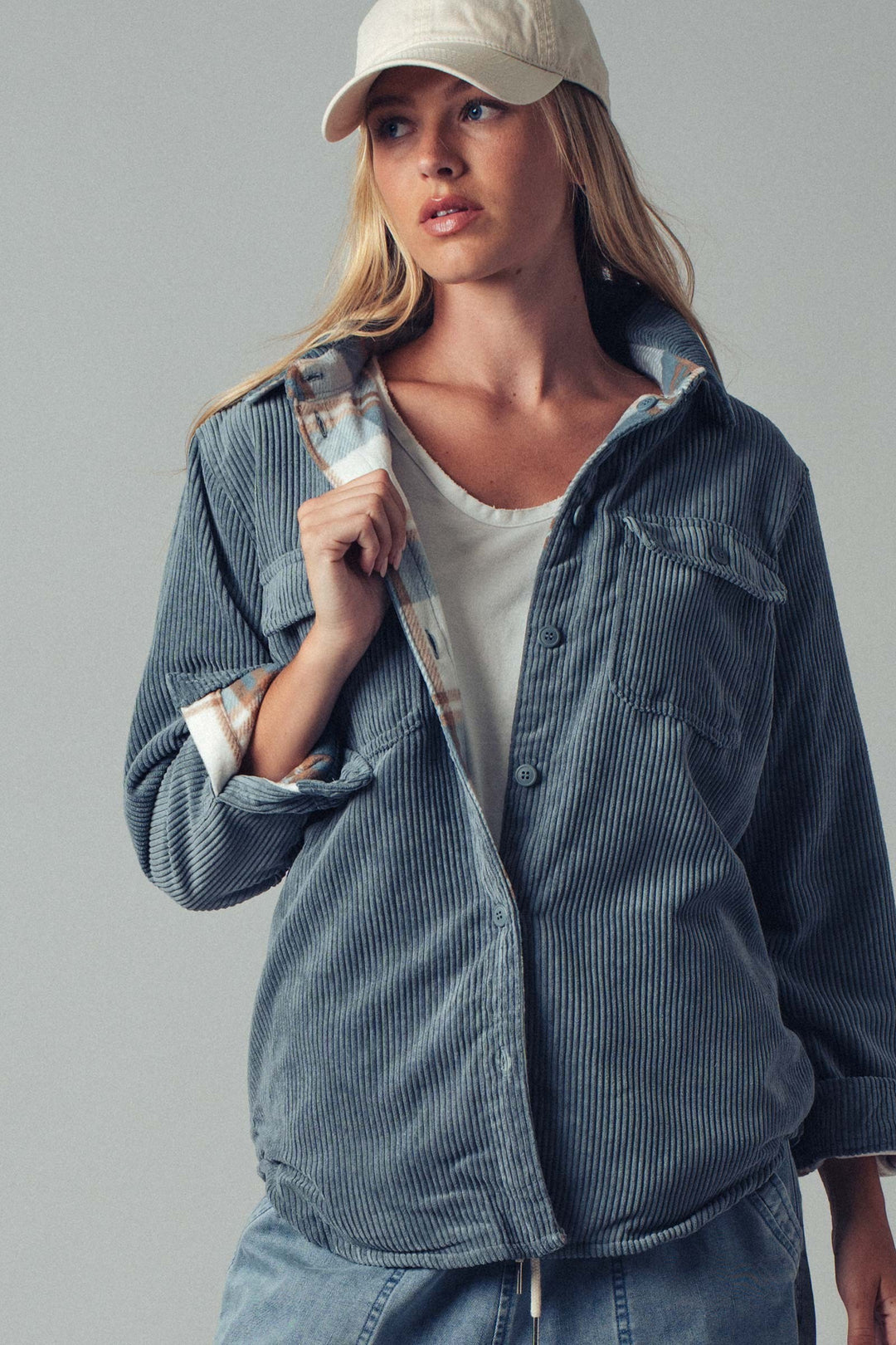Corduroy and Plaid Flannel Shacket w/Chest Pockets | wholesale outerwear | Trend Notes