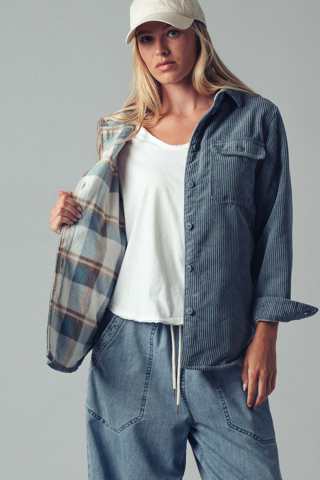 Corduroy and Plaid Flannel Shacket w/Chest Pockets | wholesale outerwear | Trend Notes