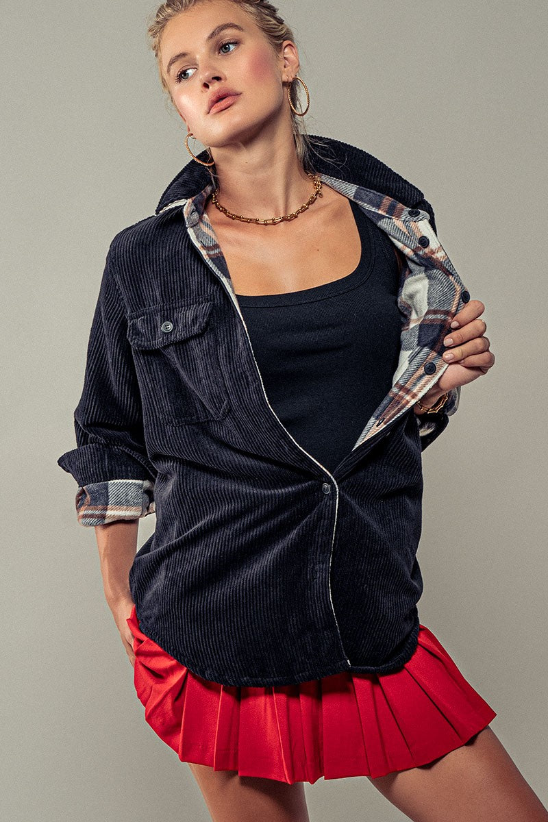 Corduroy and Plaid Flannel Shacket w/Chest Pockets | wholesale outerwear | Trend Notes