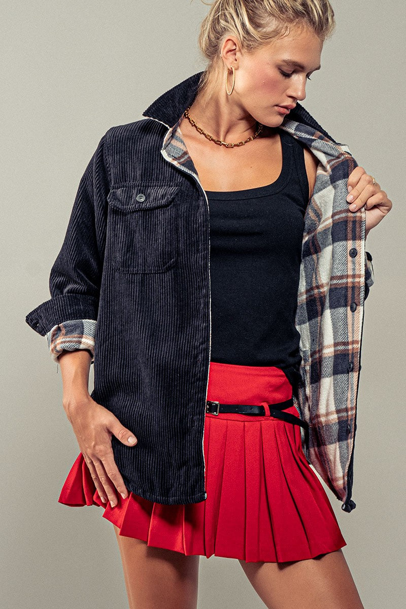 Corduroy and Plaid Flannel Shacket w/Chest Pockets | wholesale outerwear | Trend Notes