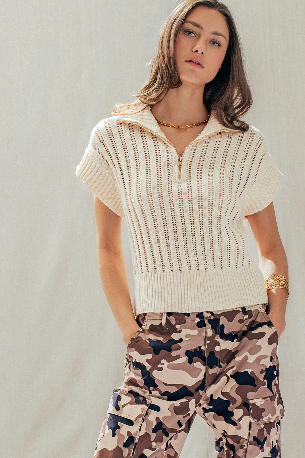 mock neck zip up knit sweater vest - ivory (additional view)