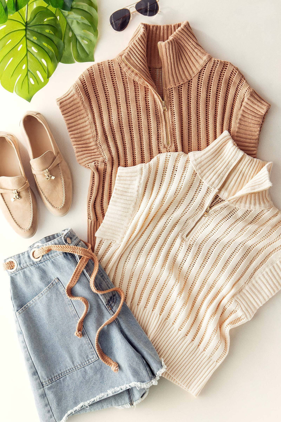 neck zip up knit sweater vest - default