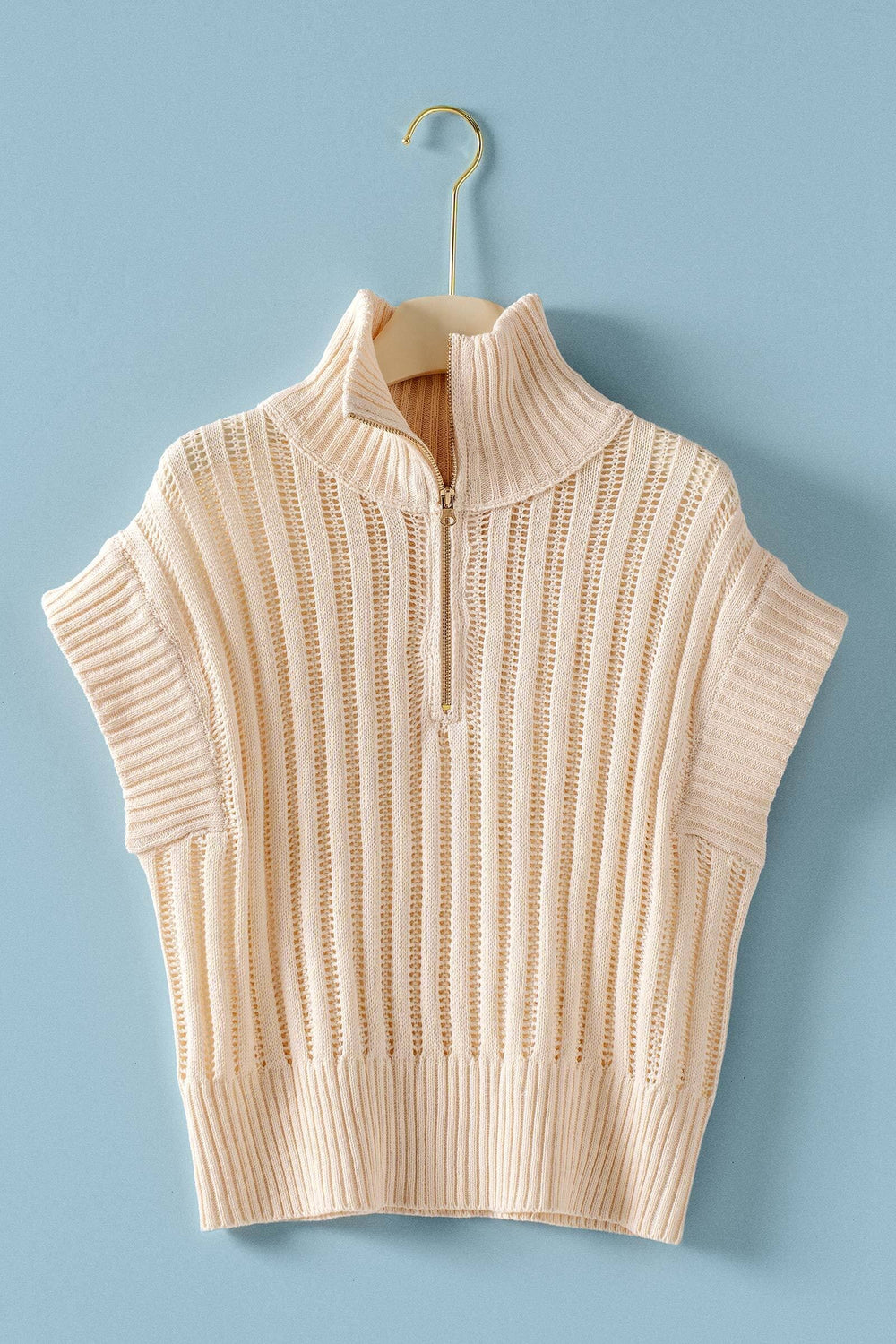 neck zip up knit sweater vest - ivory