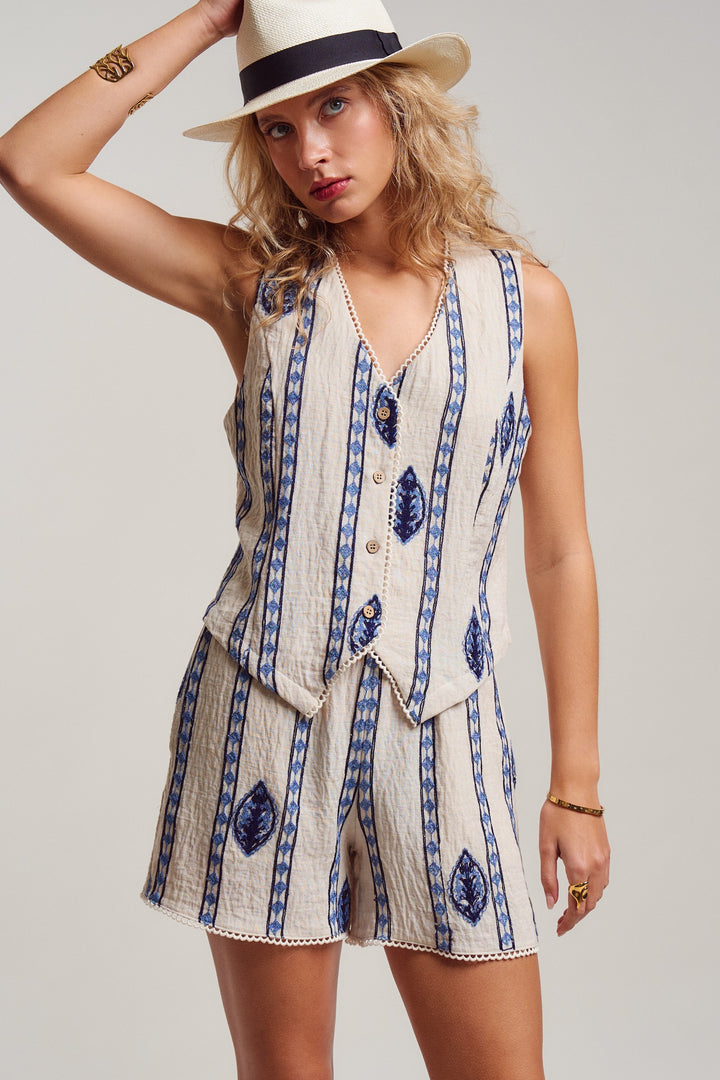 malta stripe embroidered camp shorts - cream blue (additional view)