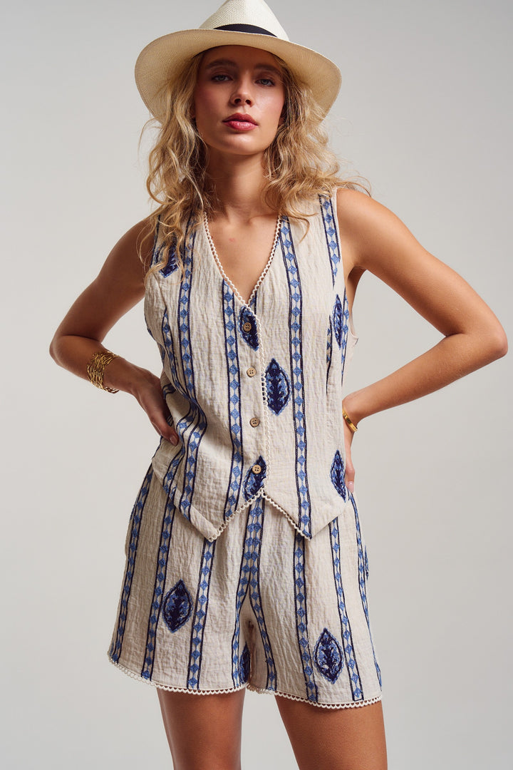 malta stripe embroidered camp shorts - cream blue (additional view)