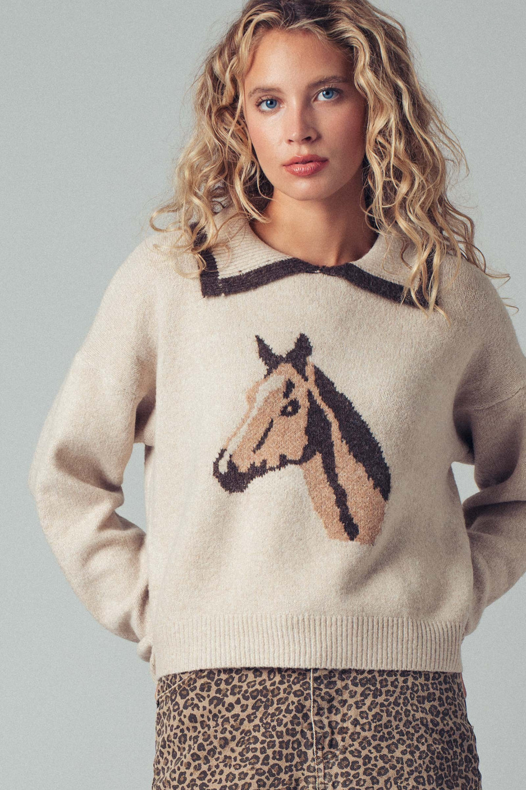 horse graphic knit sweater - taupe