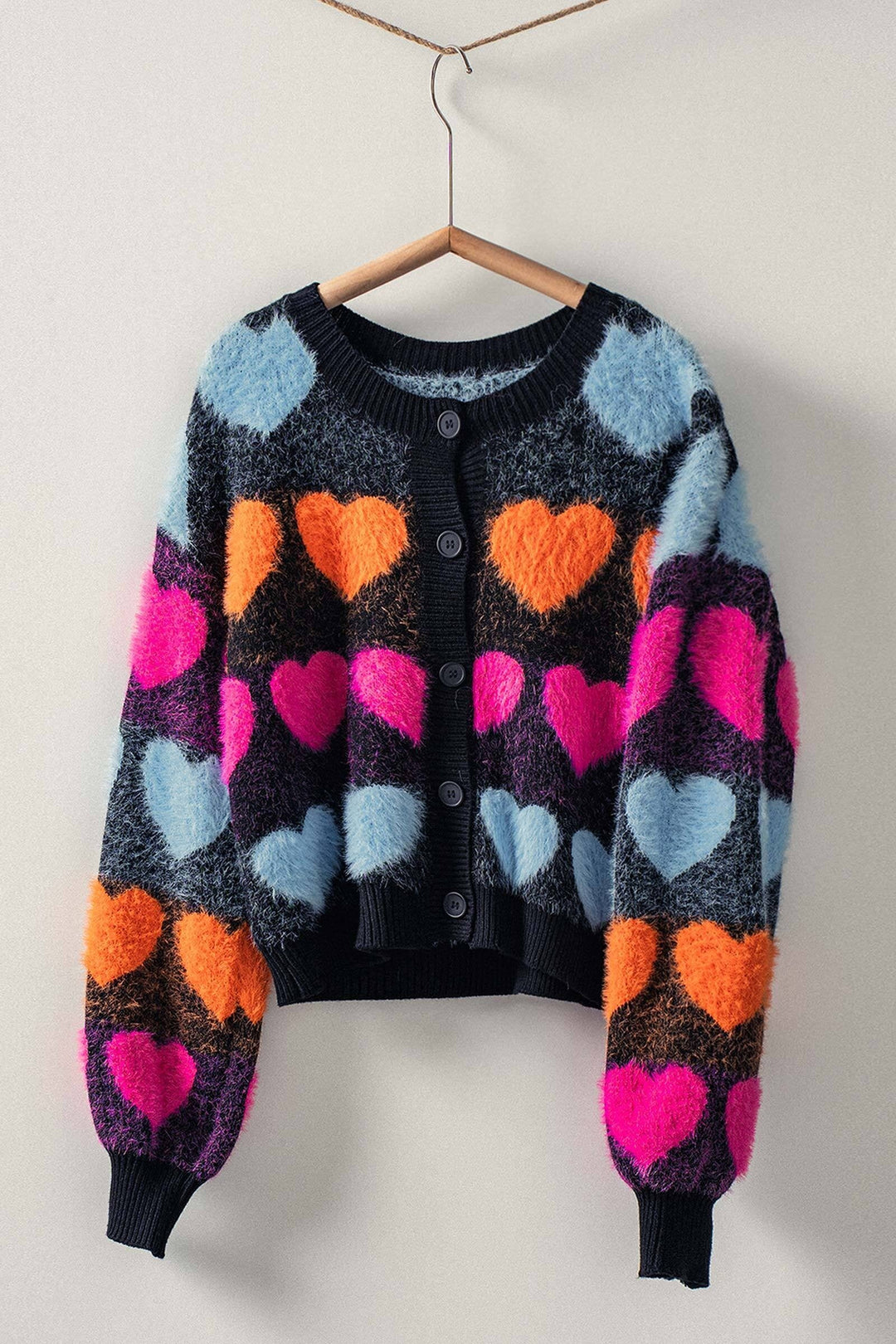 Playful Heart Pattern Fuzzy Knit Cardigan Sweater