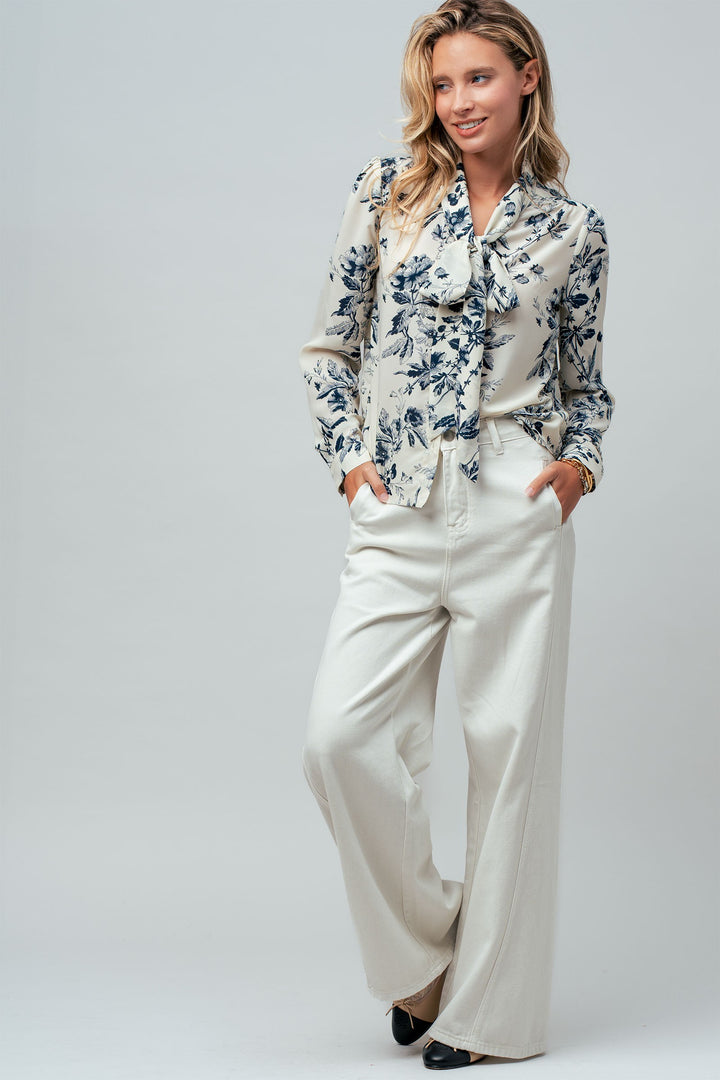 printed tie neck blouse - ivory blue (additional view)