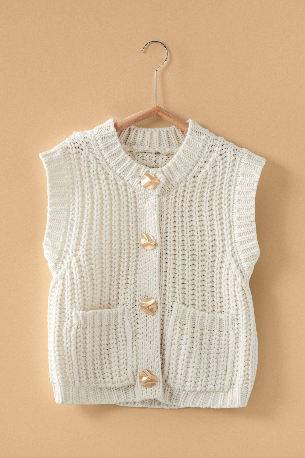 chunky knit button front sweater vest - ivory