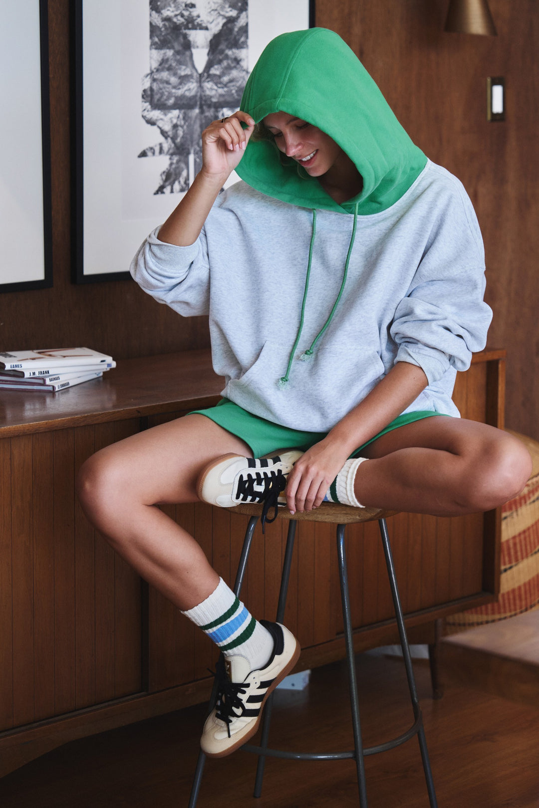 colorblock hood campus hoodie - green (additional view)