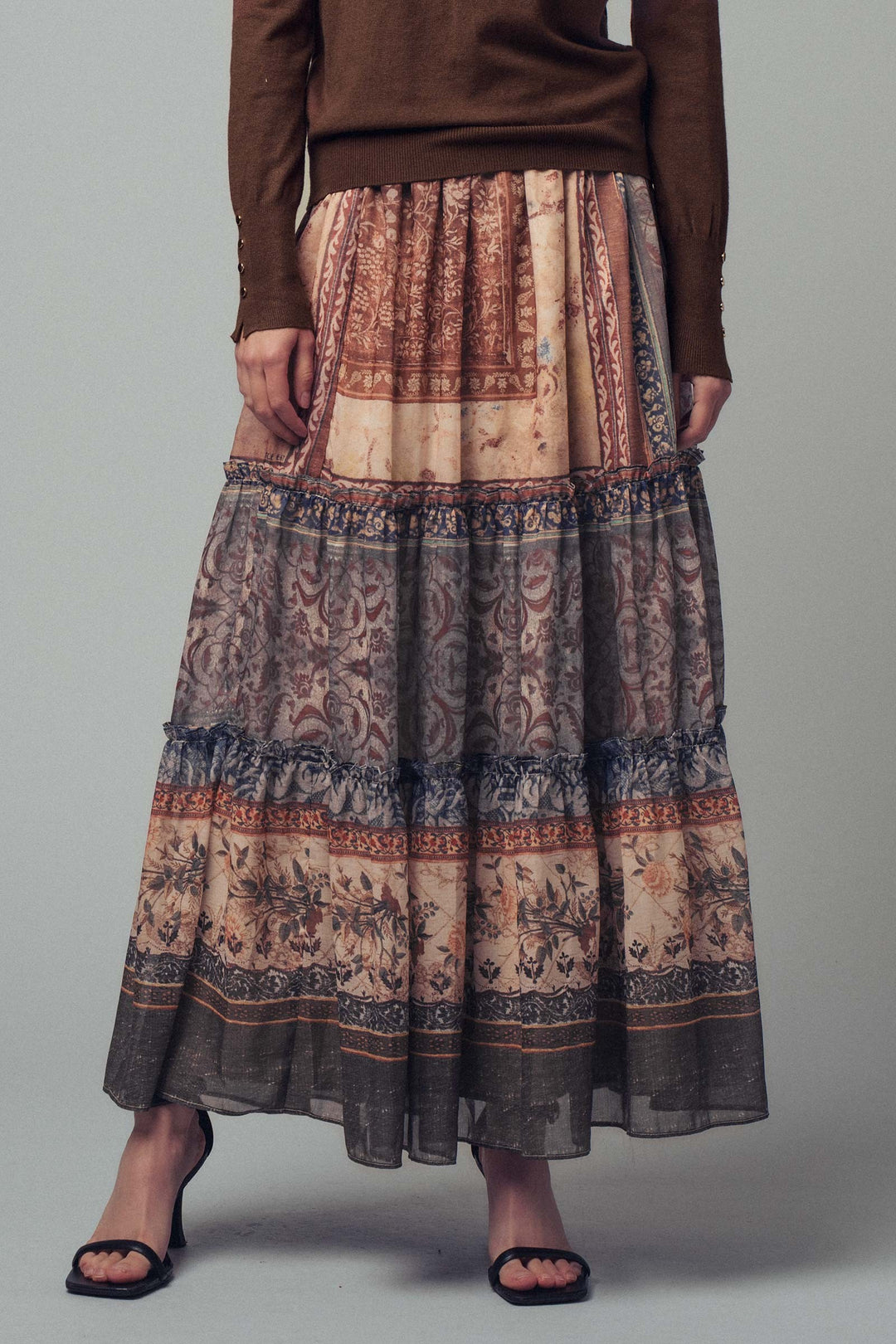 bohemian vintage print tiered maxi skirt - multi