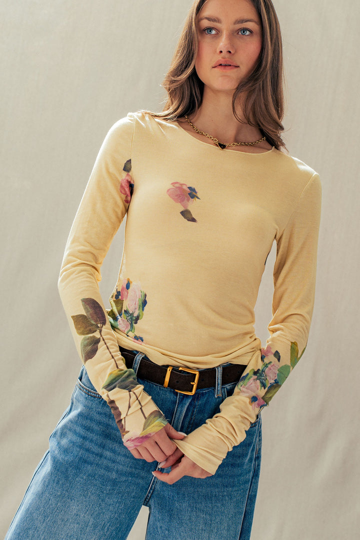 floral print mesh long sleeve top - cream multi (additional view)