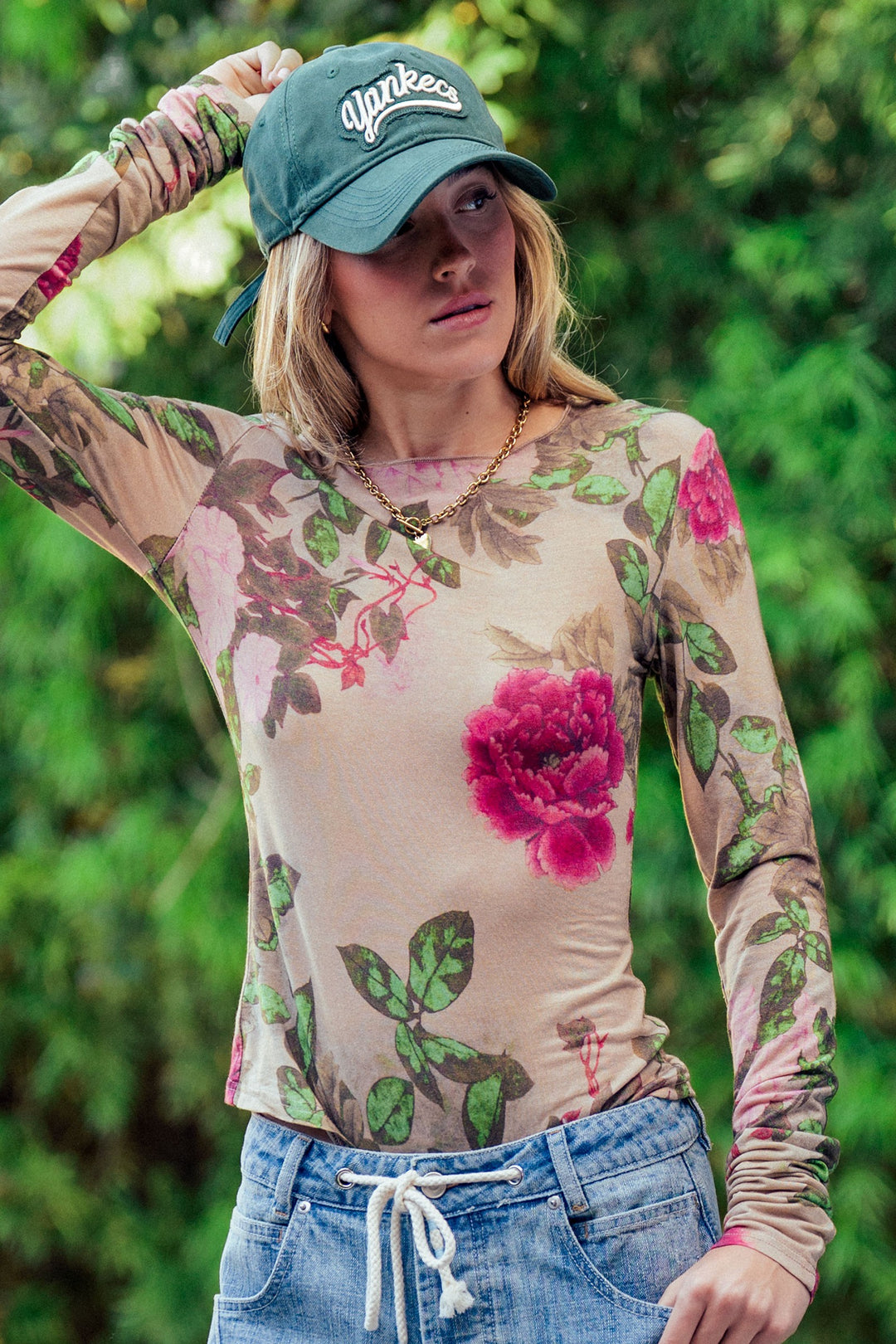 floral print mesh long sleeve top - taupe multi (additional view)