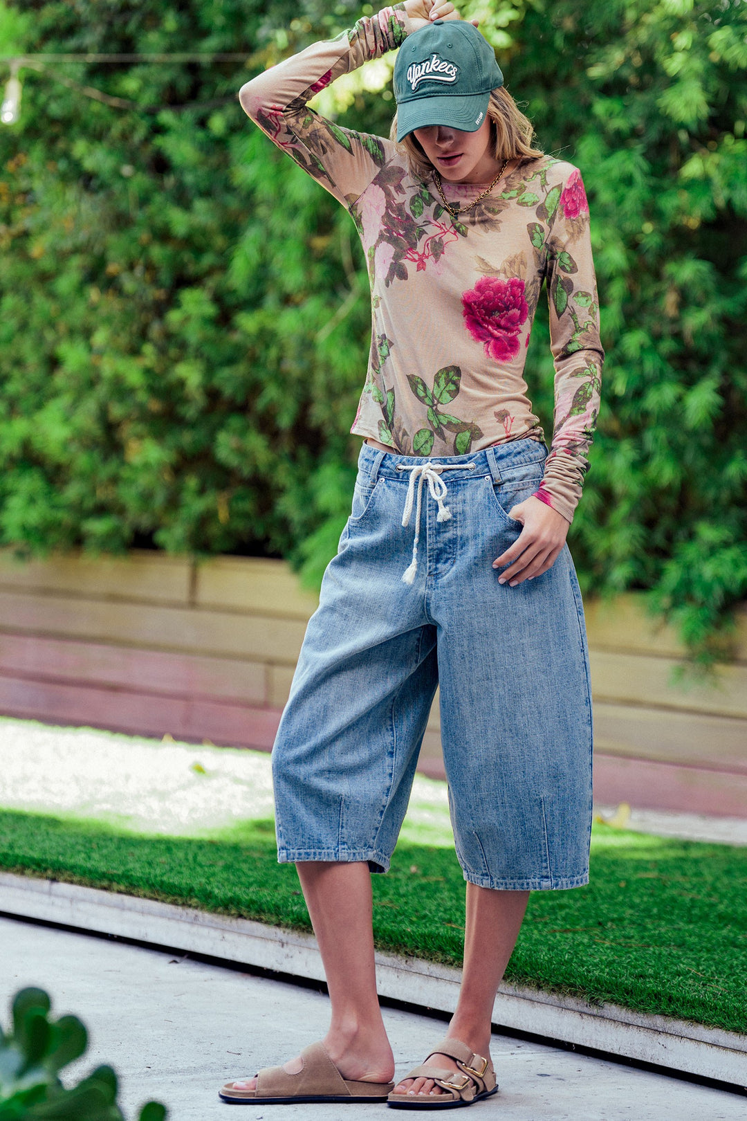 floral print mesh long sleeve top - taupe multi (additional view)