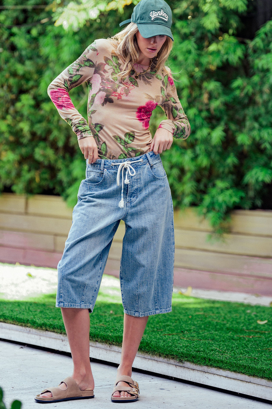 floral print mesh long sleeve top - taupe multi (additional view)